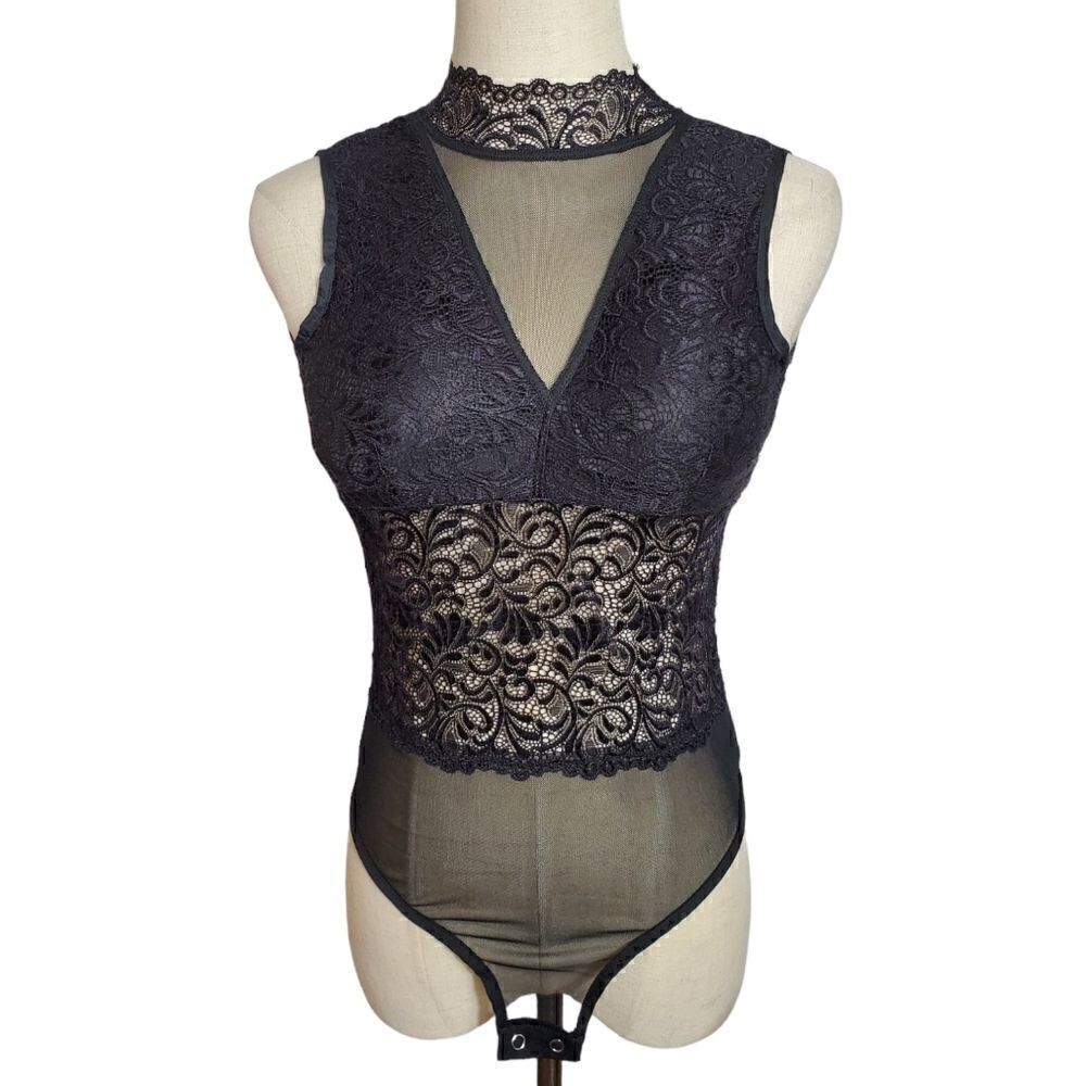 Aura Black Lace and Mesh Bodysuit NWT